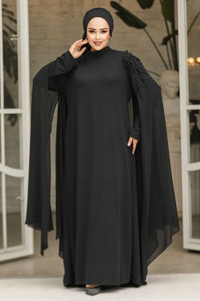 Neva Style Rochie de seară hijab neagră cu pelerină 4624s