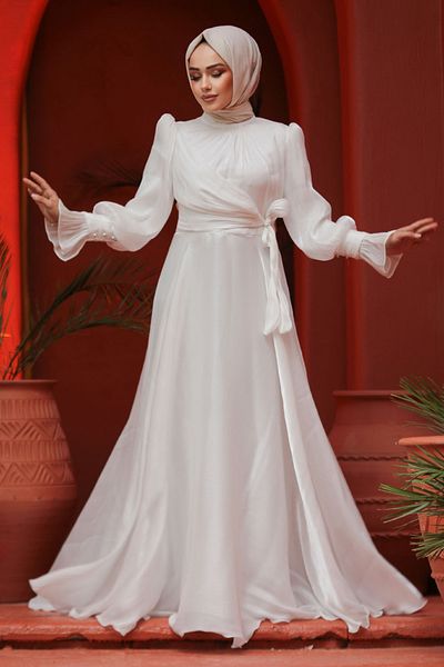 Neva Style White Hijab Evening Dress with Lacing Detail 48051B