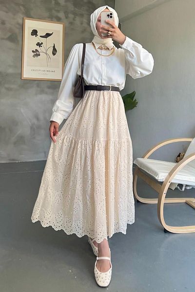 Neva Style Fusta Hijab cu dantelă bej - 13951BEIG