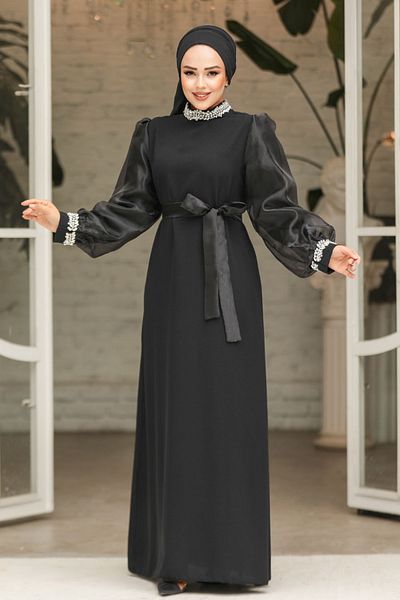 Neva Style Μαύρο Μουσουλμανικό Βραδινό Φόρεμα με Χάντρες 4576s
