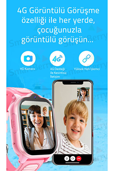 Smartberry Z32 Görüntülü Görüşme Gps Wıfı Net Konum Gizli Dinleme Akıllı Çocuk Takip Saati Sim Kartlı - Pembe