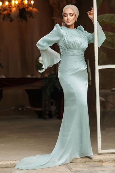 Neva Style Drape Detailed Mint Hijab Evening Dress 48531Mint