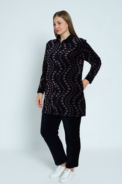 İntensive Navy Print Zipper Cotton Velvet Women's Plus Size Bottom Top Suit