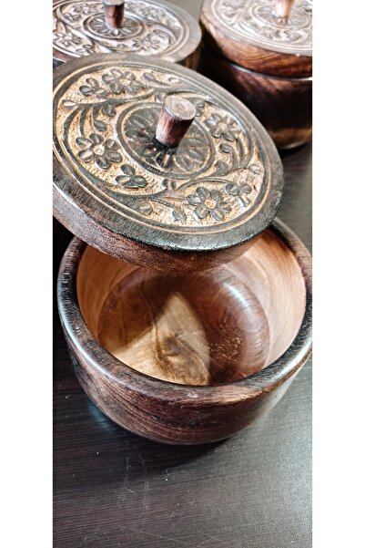 PİRAMİGO Walnut Wood Wooden Hand Carved Bowl with Lid Multi-Purpose Sugar Bowl