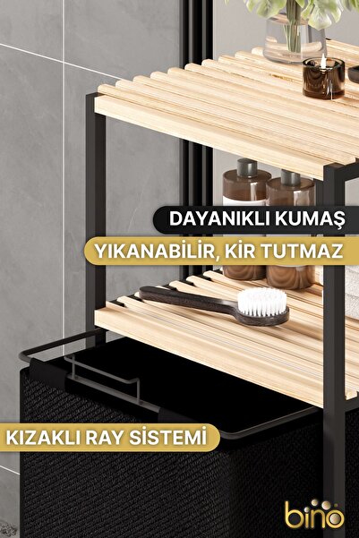 Bino Çamaşır Sepeti Kirli Sepeti Ahşap Banyo Dolabı Büyük Boy Geniş 2 KATLI Kumaş Kirli Sepeti