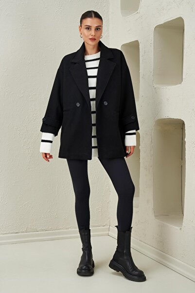 TENA Women's Black Single Button Hidden Pocket Oversize Cashmere Coat