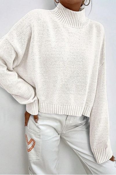 Miss Poem Women's Turtleneck Turtleneck Oversize Long Ecru Knitwear Sweater