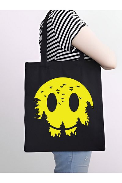 Cemira Yellow Smile Design Y2K Tote Bag - Geantă neagră groasă de pânză, umăr și tote