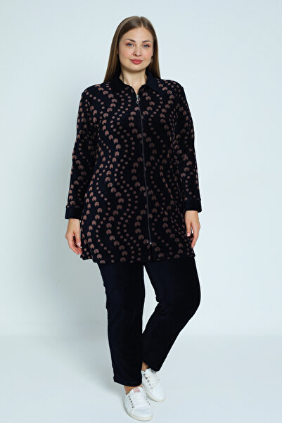 İntensive Navy Print Zipper Cotton Velvet Women's Plus Size Bottom Top Suit