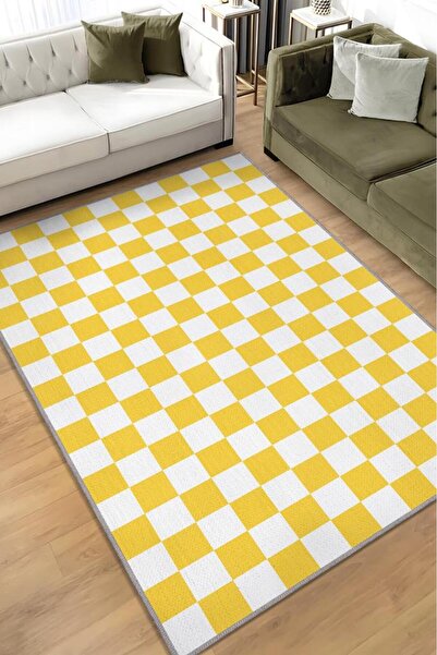 Homshtag Minimalist Damalı Sarı Beyaz Halı Kareli Oturma Odası Halısı Retro T...