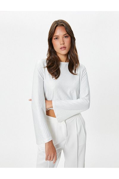 Koton Crop T-Shirt Textured Crew Neck Metallic Spanish Sleeve