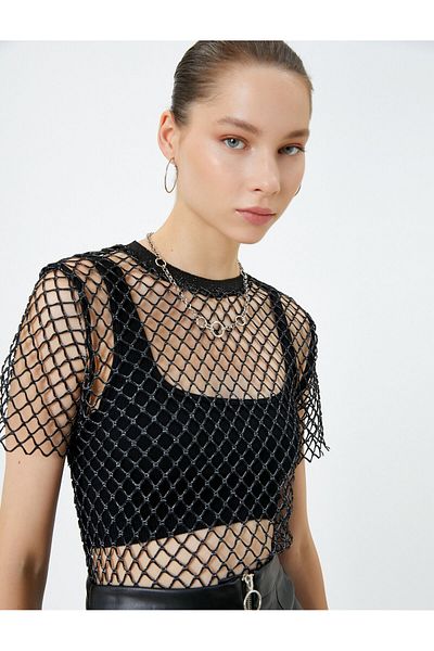 Koton Tricou din plasă, cu mânecă scurtă, decolteu, cu sclipici