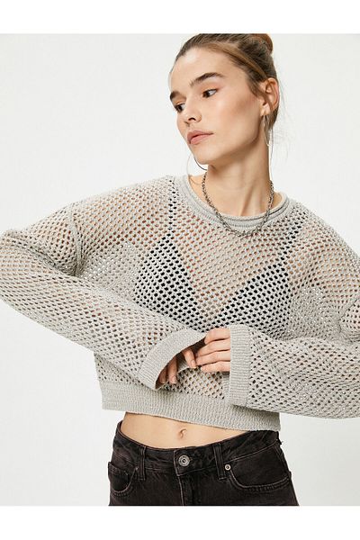 Koton Openwork Knitwear Sweater Crew Neck Long Sleeve Glitter