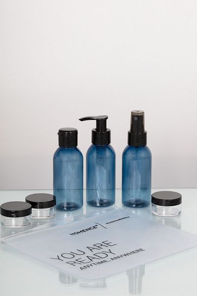 homence Geantă de machiaj de călătorie și sticlă albastră 100 ml, set de călătorie de 6