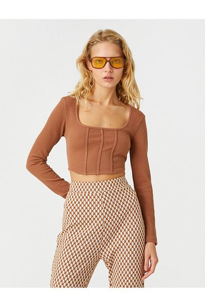 Koton Long Sleeve T-Shirt Crop Corset Detailed Square Neck