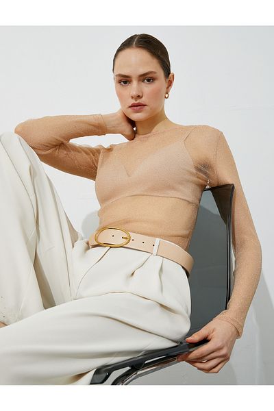 Koton Transparentes Langarm-Glitzer-T-Shirt