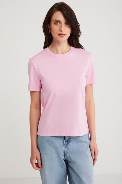 ETHIQUET Tricou Modest Martına pentru femei, 100% bumbac organic, cu croiala normală, cu decolteu, roz de bază