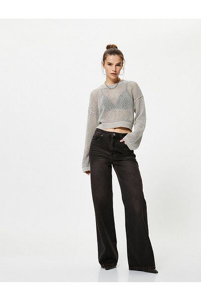 Koton Openwork Knitwear Sweater Crew Neck Long Sleeve Glitter