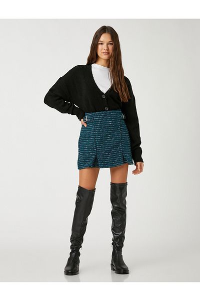 Koton Tweed rövidnadrág szoknya mini redőzött oldalán csat részletes mintás