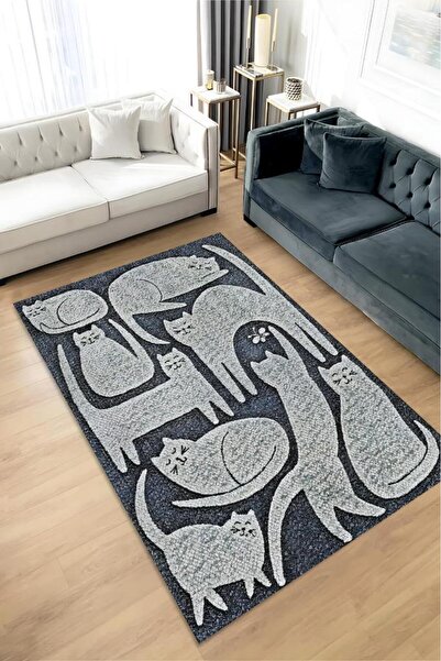 Homshtag Mutlu Kediler Gri Renkli Kedi Sever Halısı Minimal Tarzlı Genç Odası...