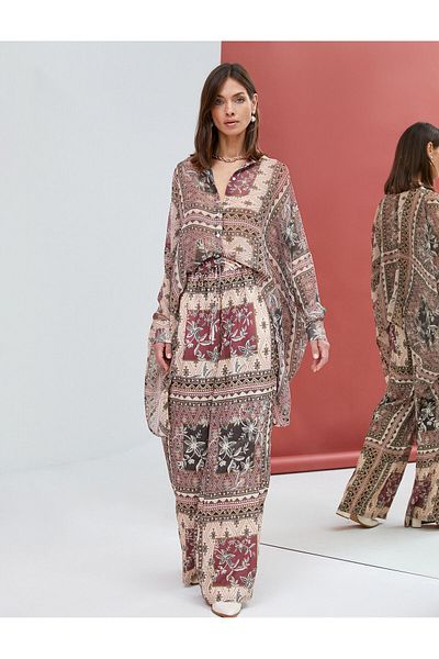 Koton Chiffon Shirt Ethnic Patterned Buttons Short in Front Long in Back