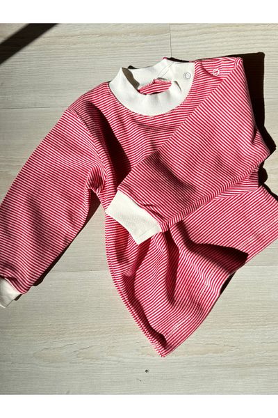 Bebepan 100% Cotton Red Striped Soft Baby Sweat with Snap Shoulder