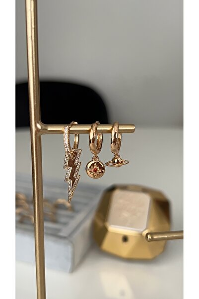 SU PERİSİ TAKI BİJUTERİ Vip Seri Gold Şimşek Model 3lü Set Küpe