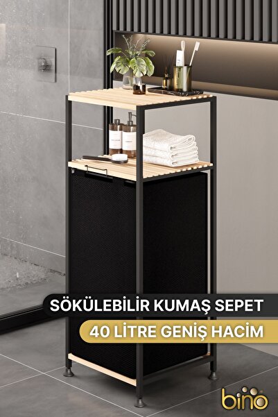 Bino Çamaşır Sepeti Kirli Sepeti Ahşap Banyo Dolabı Büyük Boy Geniş 2 KATLI Kumaş Kirli Sepeti