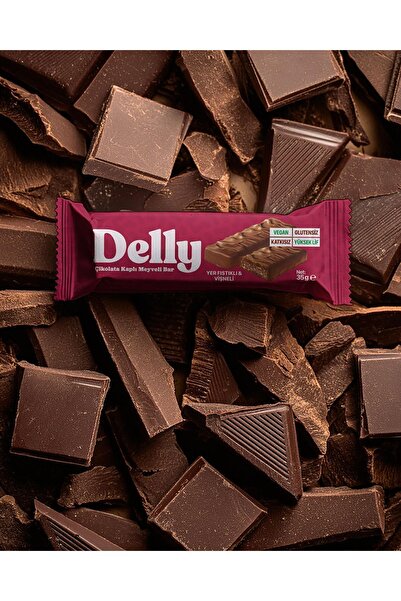 Delly 12 Adet Çikolata Kaplı - Yer Fıstıklı & Vişneli Meyveli Bar 35g