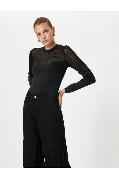 Koton Crew Neck Mesh Detailed Knit Sweater - Long Sleeve