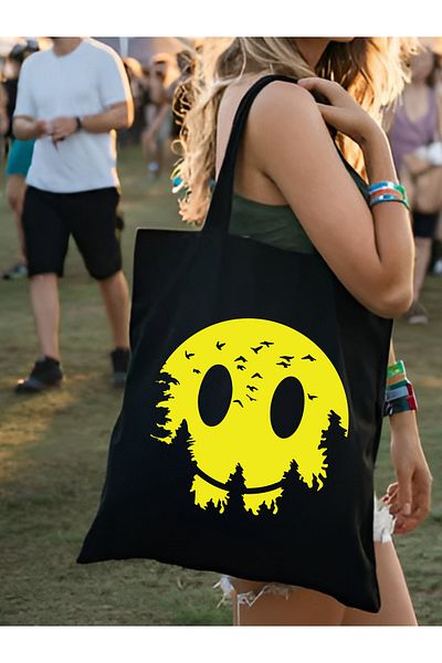 Cemira Yellow Smile Design Y2K Tote Bag - Geantă neagră groasă de pânză, umăr și tote