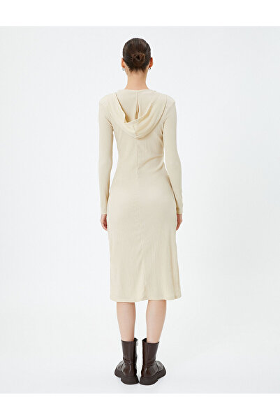 Koton Kruvaze Midi Kapşonlu Elbise Uzun Kollu V Yaka Asimetrik Kesim Bürümcük