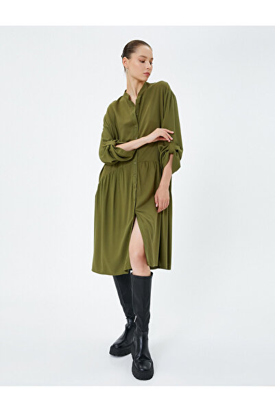 Koton Midi Shirt Dress Stand Collar Sleeves Foldable Long Sleeve Viscose Fabric