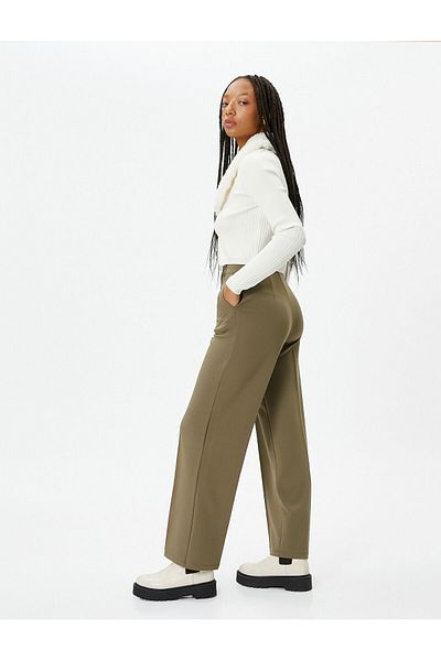 Koton Wide Leg Fabric Trousers High Waist Comfortable Fit Rib Detailed Pockets