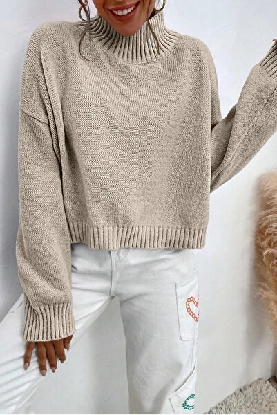 Miss Poem Γυναικείο Ψηλό ζιβάγκο oversized Μακρύ Μπεζ Πλεκτό Πουλόβερ