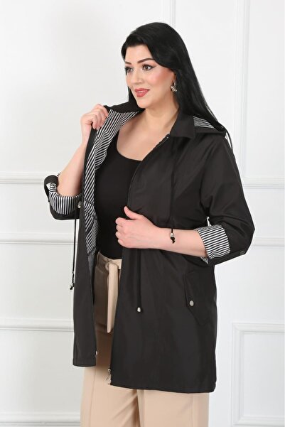 By Alba Collection Kadın Siyah Çizgili Astarlı Büyük Beden Trençkot