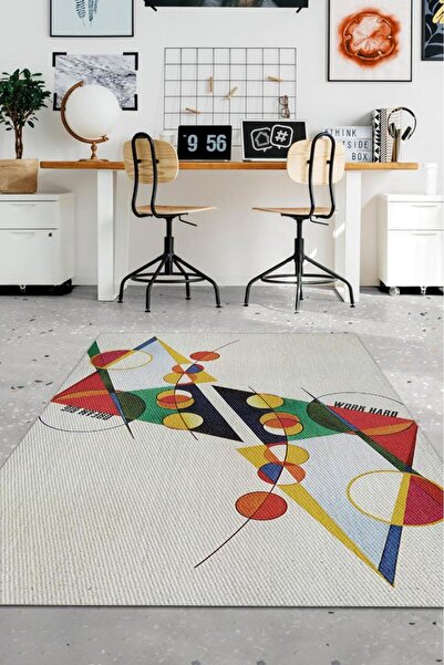 Think Big, Work Hard,Colorful Geometric Patterned,Modern Carpet,Cotton Woven Based Washable