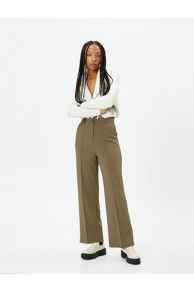 Koton Wide Leg Fabric Trousers High Waist Comfortable Fit Rib Detailed Pockets