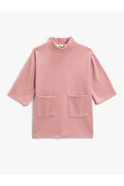 Koton Half Stand Collar Soft Textured Ribbed Dress with Pocket Detail