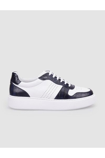 Cabani 100% Genuine Leather White - Navy Blue Croco Detailed Men's Sneakers