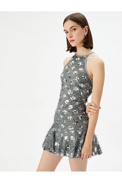 Koton Mini-Pailletten-Neckholder-Kleid mit metallischen Federn