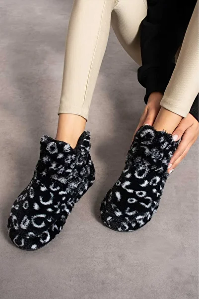MY MİA MODA Women's Black Plush Furry Slippers - Thick Lightweight Home Boots