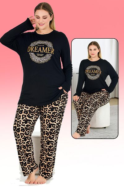 Jenny Daphne Plus Size Leopard Print Viscose Pajamas Set - Long Sleeve, Crew Neck 11379