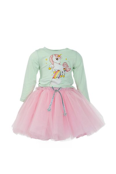 DUCA Set dublu body cu mânecă lungă cu imprimeu unicorn și fustă tutu umflată