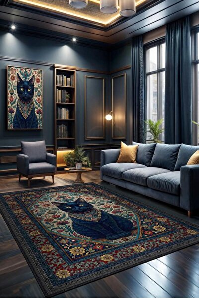 Homshtag Kara Kedi Figürlü Korku Temalı Salon Halı Koyu Renkli Halı Gotik Kor...