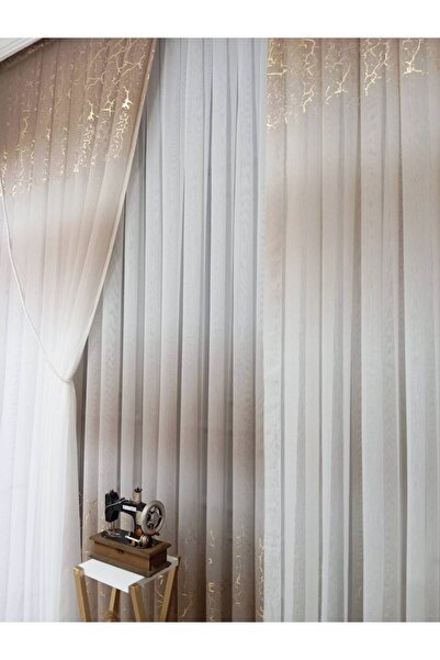 farbateks Olympos Mink Beige Gold Leaf Color New Fashion Right/Left Suit Tulle Background Curtain