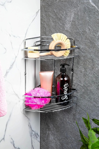 Evistro Banyo Köşe Rafı 2 Katlı Şampuanlık Hem Vidalı Hem Yapışkan Stickerlı