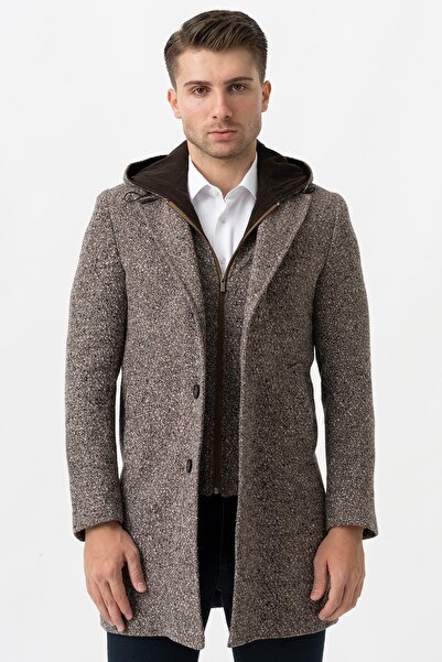 White Stone Ancona 4024 Slim Fit Kapüşonlu Ceket Yaka Pamuklu Kaban Kahve