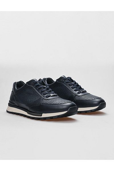 Cabani Genuine Leather Navy Blue Lace-Up Men's Sports Shoes