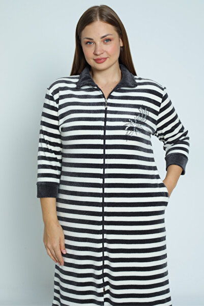 İntensive Women's Line Print Three Quarter Sleeve Stone Detail Cotton Velvet Plus Size Dress